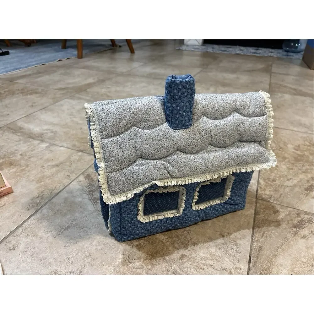 Handmade Blue Calico House Tissue Box Cover Quilted Lace Country Cottagecore